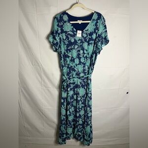 NWT J Jill Midi Dress Size Large Floral Tie Waist Flutter Sleeve Navy Aqua